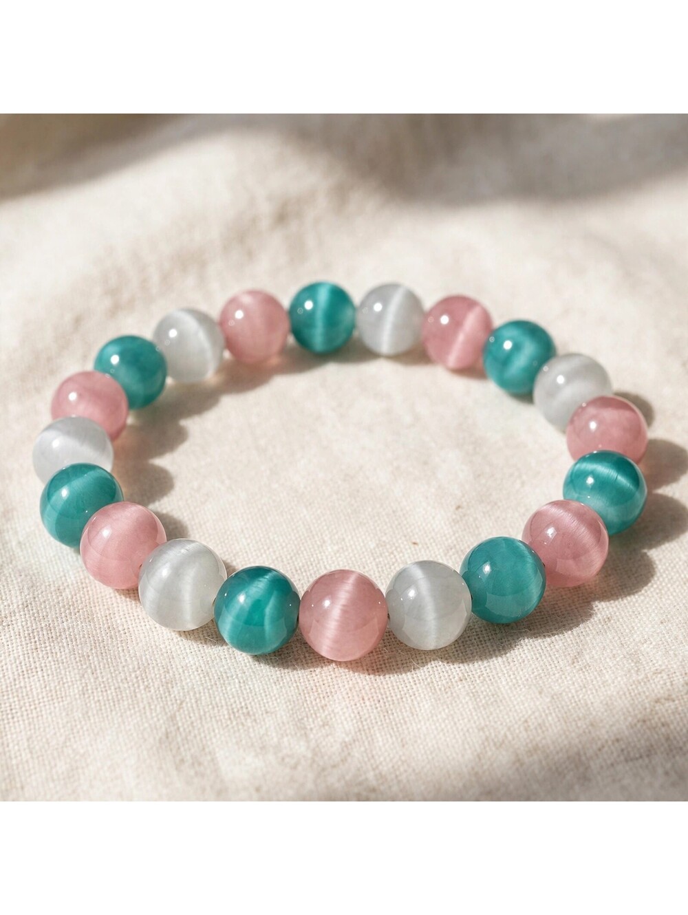 Pink Teal White Cat Eye Beaded Stretch Bracelet 8mm Elastic